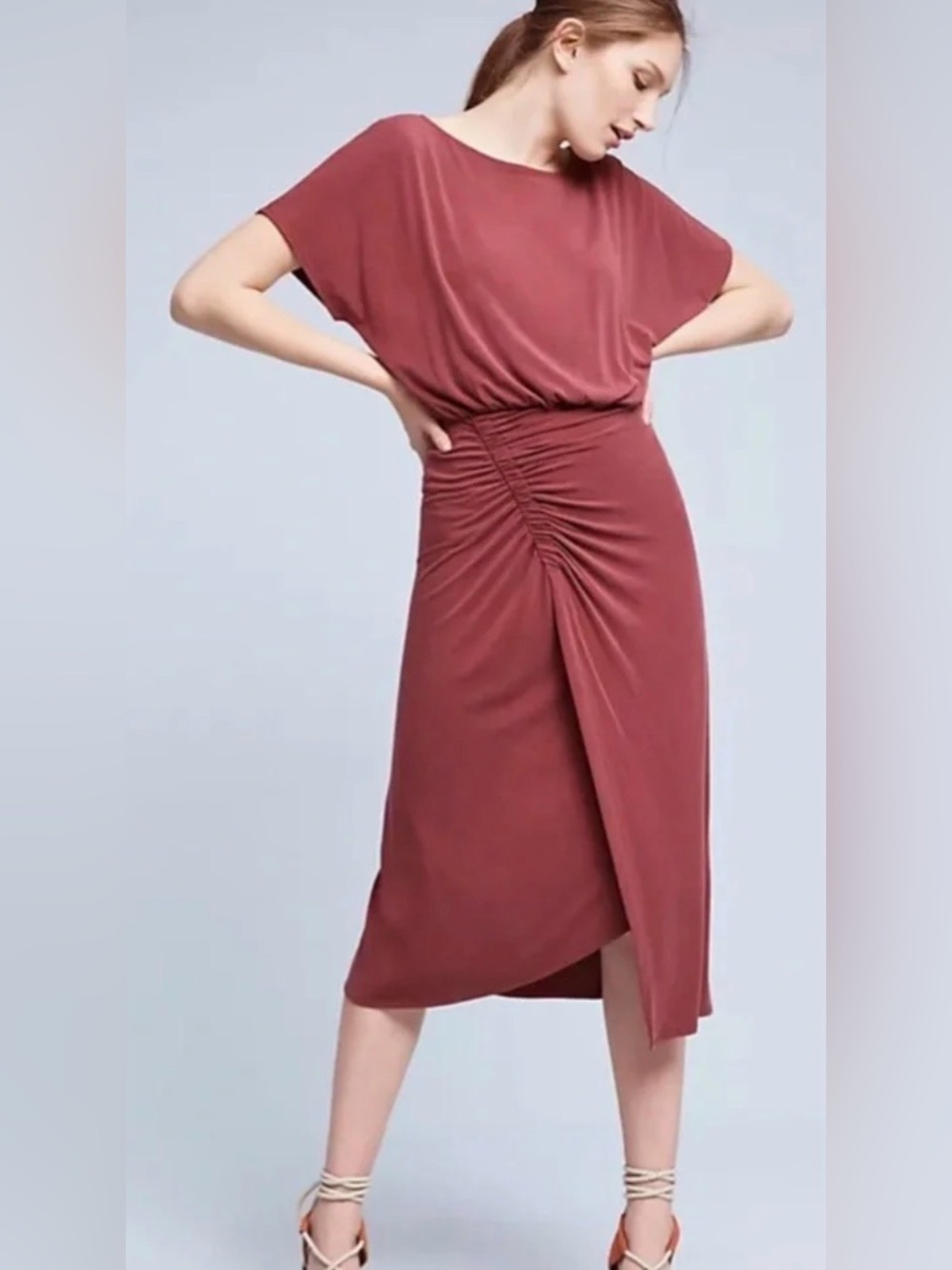 Anthropologie Moulinette Soeurs Etta Ruched Midi Dress Muted Berry Size S